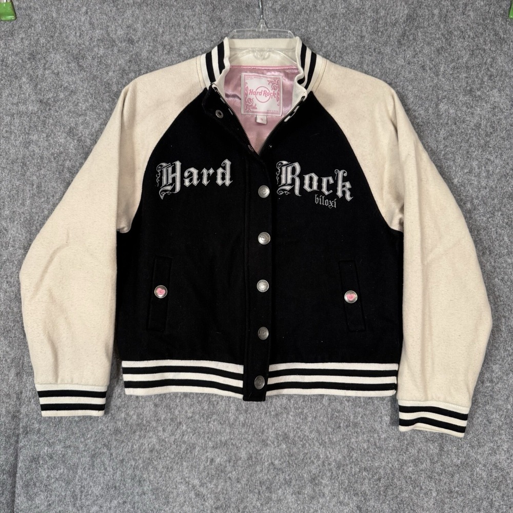 Y2K Hard‎ Rock Cafe Varsity Bomber Jacket Womens Small Black White Rockabilly